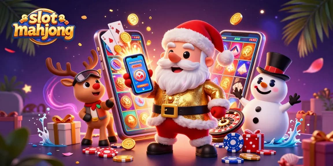 Engage with slot mahjong excitement in a vibrant 3D casino scene featuring Santa, a reindeer, and a snowman.