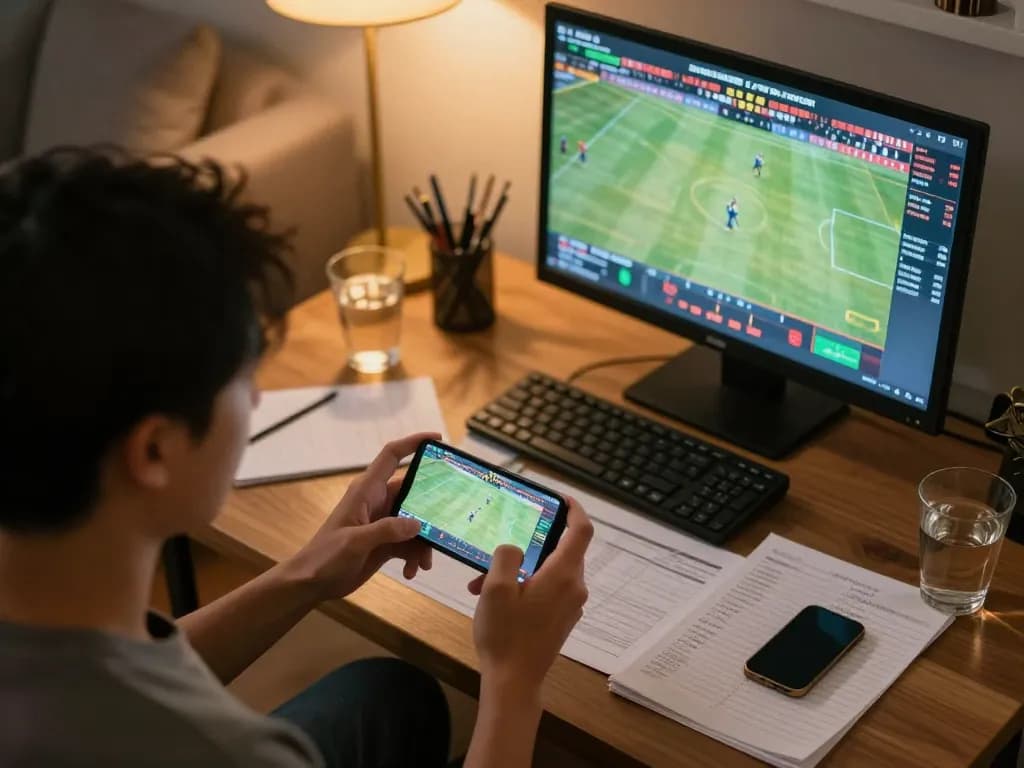 KONG88 user engaging in live sports betting on smartphone while analyzing notes at home.