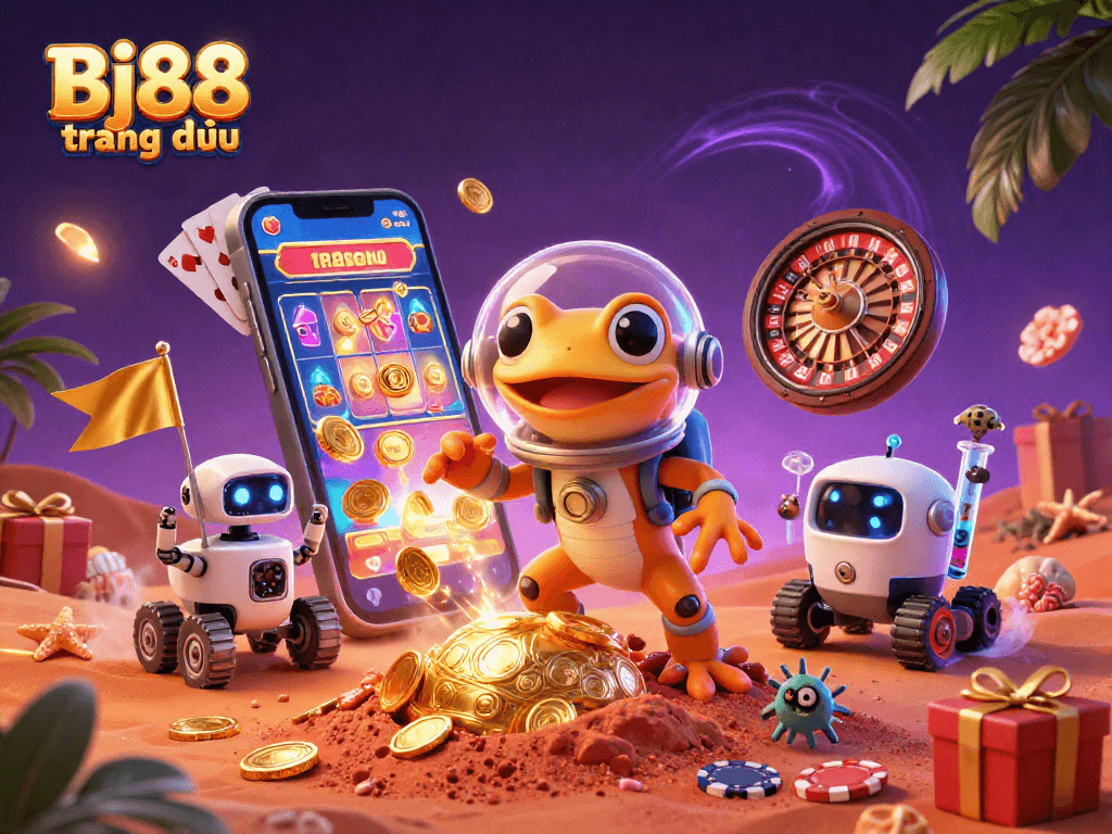 Bj88 trang chủ showcases a vibrant 3D scene with Martian gecko discovering a golden casino amidst thrilling slot action.