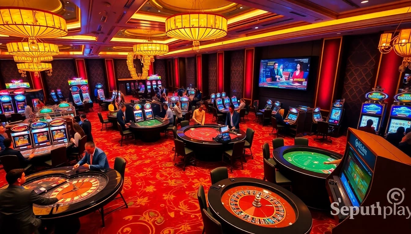 Winning excitement at Sepuhplay's luxurious casino gaming floor filled with roulette and slot machines.