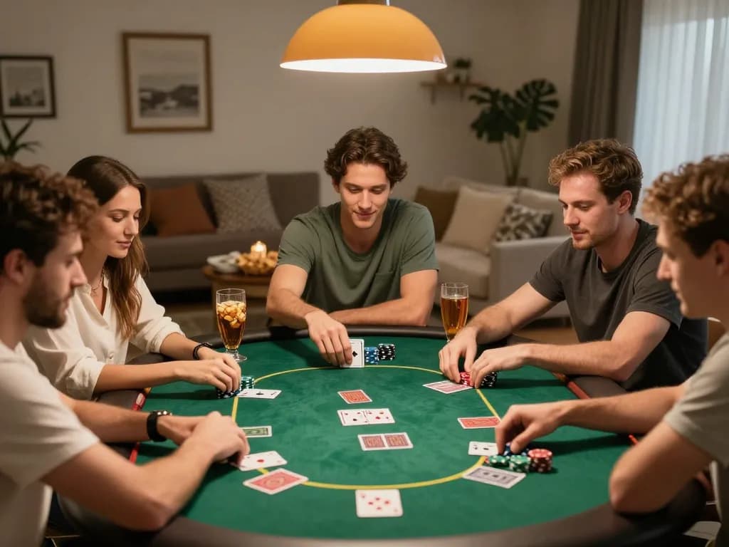 Players enjoying a friendly poker night at home with vk88-themed cards and chips.