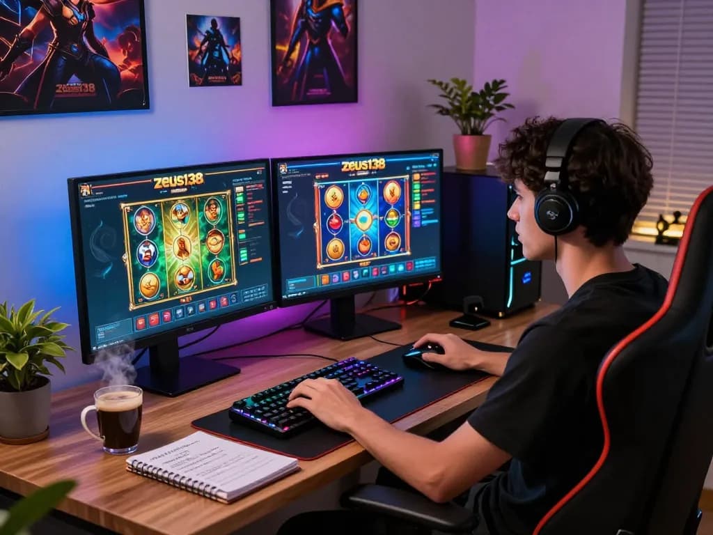 Gamer experiencing zeus138 online slot games in a vibrant home office setting