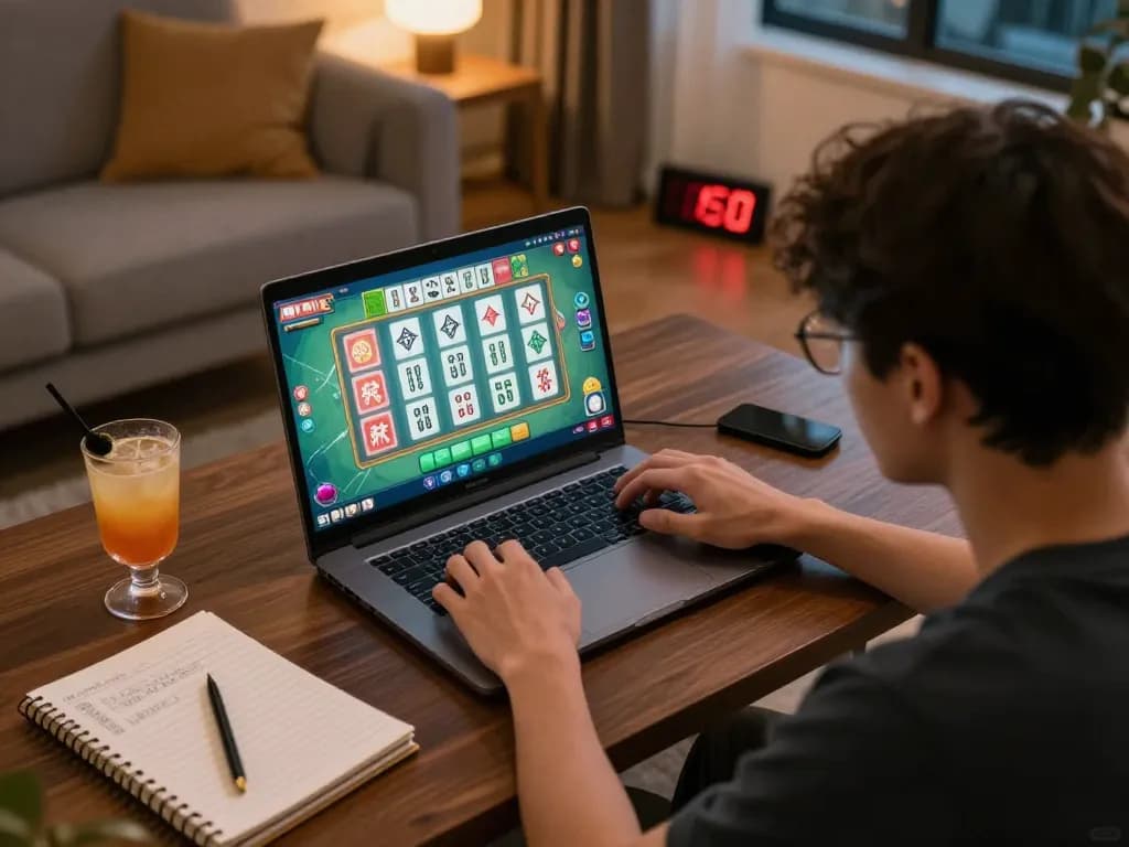 Slot mahjong gameplay in a cozy living room setup, showcasing focus and strategy.