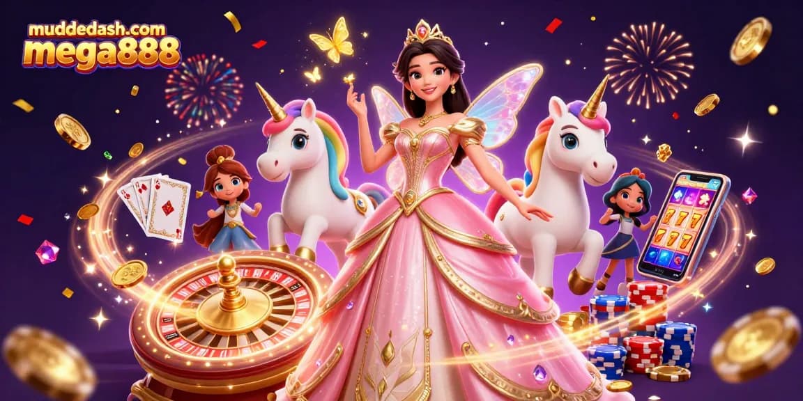 Spin to win with muddledash.com mega888 in this vibrant casino scene filled with excitement.