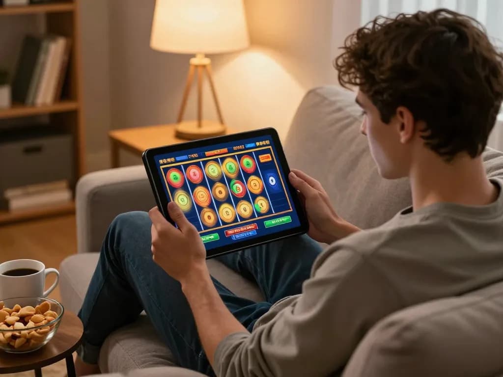 Engaging player spinning slots on a tablet at home, enjoying a cozy gaming experience
