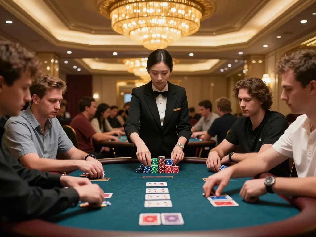 Bong88 player focused on winning poker hand in upscale casino atmosphere, showcasing strategy and excitement
