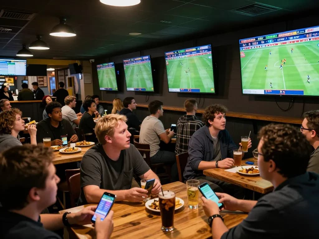 Soi kèo nhà cái activity showcasing patrons engaged in live sports betting at a lively bar