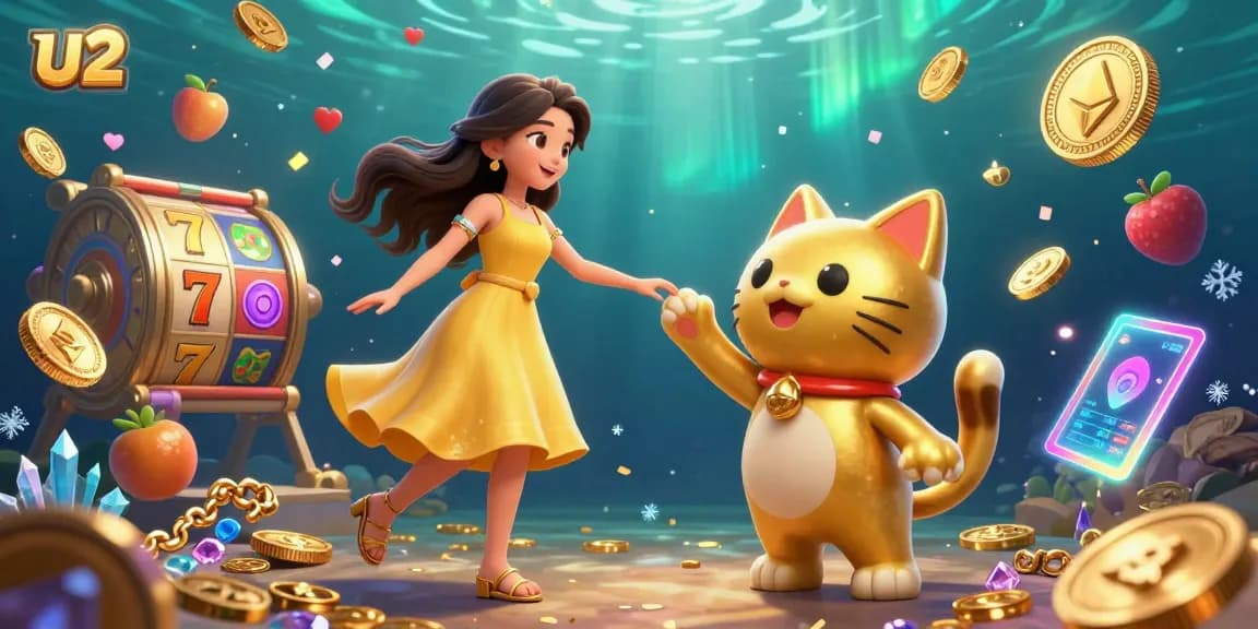 Engage with u2's vibrant gaming fun in this 3D illustration featuring a joyful Asian woman and a lucky cat amidst golden slot game symbols.