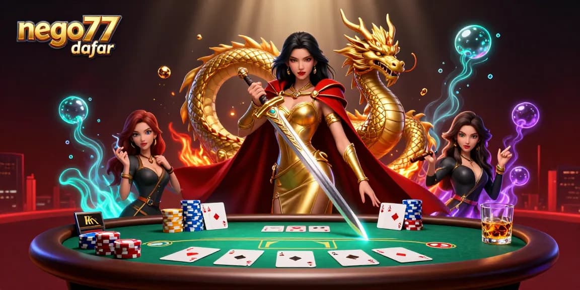 Experience seamless gameplay with nego77 daftar in a vibrant casino illustrated scene full of poker excitement.