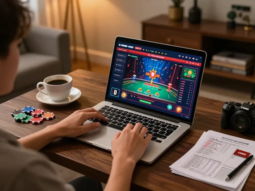 Experience engaging online gaming at https://rr88co.net/ with a stylish setup showcasing vibrant casino graphics.