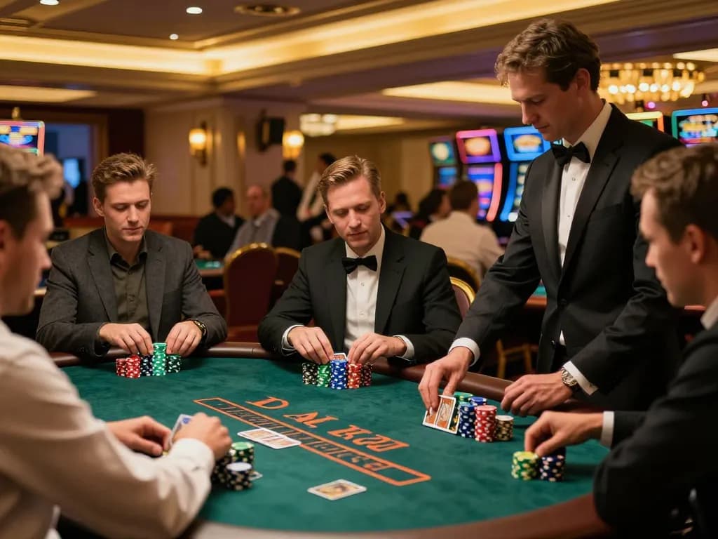 Pemain yang terlibat menganalisis kartu mereka di meja blackjack bertaruh tinggi dewi123, menangkap momen bermain yang intens.