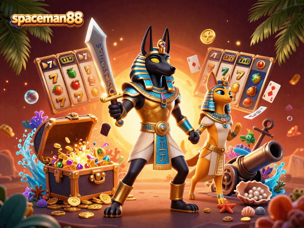 Engage with spaceman88 gameplay featuring Anubis and gems in an exciting casino setting.