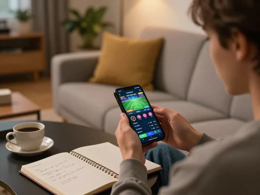 Active sports betting on mobile app showcasing lv88seo with strategy notes in cozy home setting