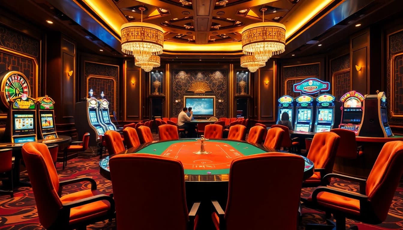 Experience the excitement of shbet là gì? at a luxurious casino with poker tables and slot machines.