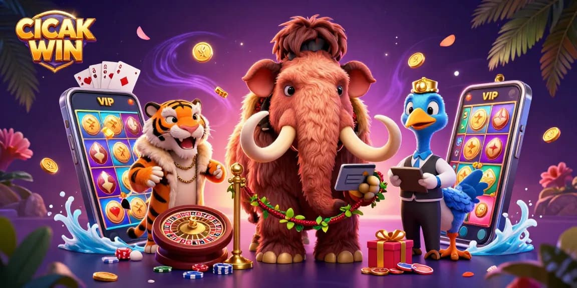 CICAK WIN showcases a vibrant casino scene with a woolly mammoth bouncer checking IDs, emphasizing playful gambling excitement.