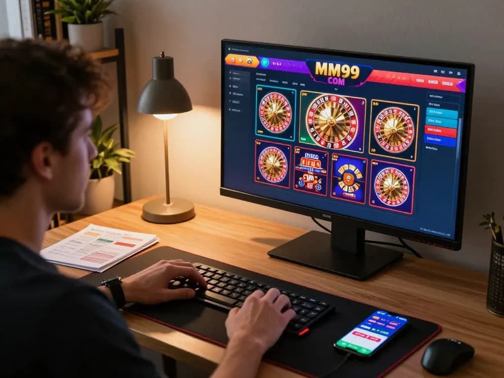 Engaging gameplay at MM99 COM's online casino on a tablet with colorful game graphics.