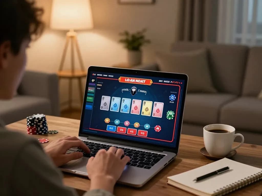 Experience the excitement of goal123.ac while playing a live dealer game on a laptop in a cozy home setting.