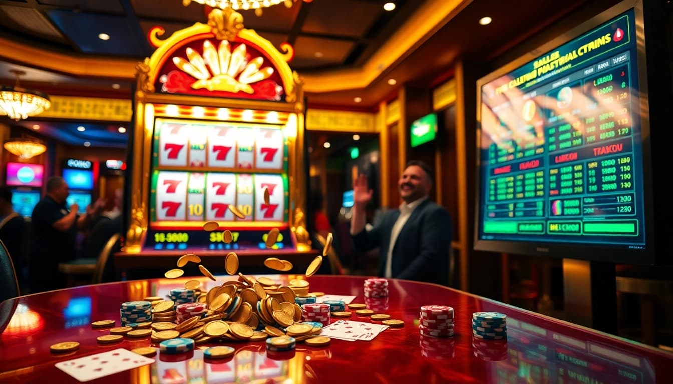 Winning players celebrate their success at the RTP Slot Gacor, showcasing excitement with vibrant casino elements.
