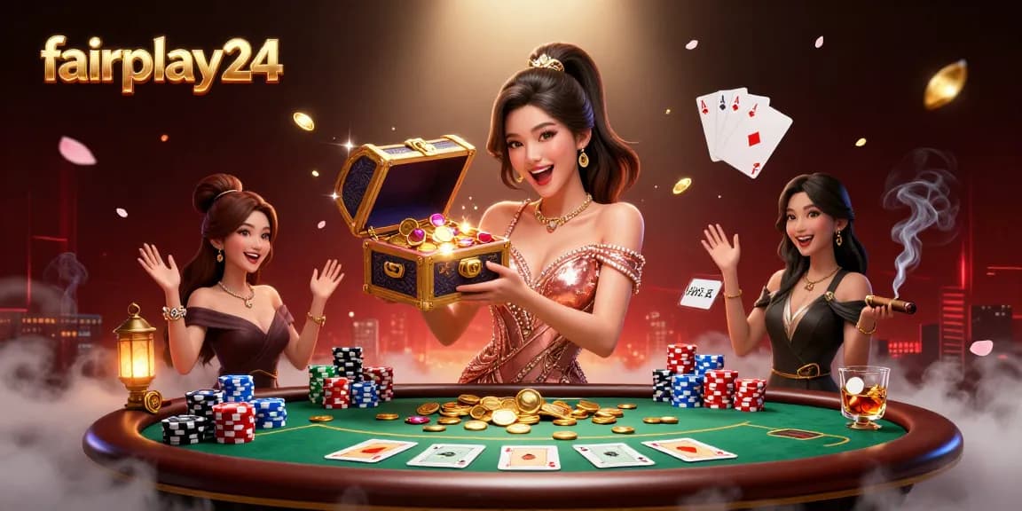 Win big with fairplay24 in an exciting casino scene featuring a joyful Asian woman presenting treasures.