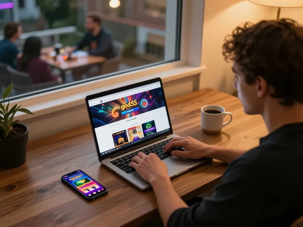 Engaging player enjoying the god55 casino experience on a laptop with mobile app at hand.