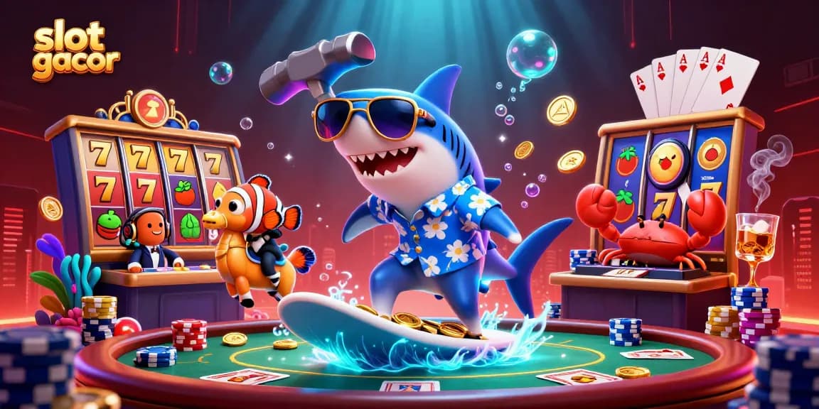Menangkan slot gacor dengan ilustrasi bawah laut dinamis yang menggambarkan aksi permainan kasino yang seru.