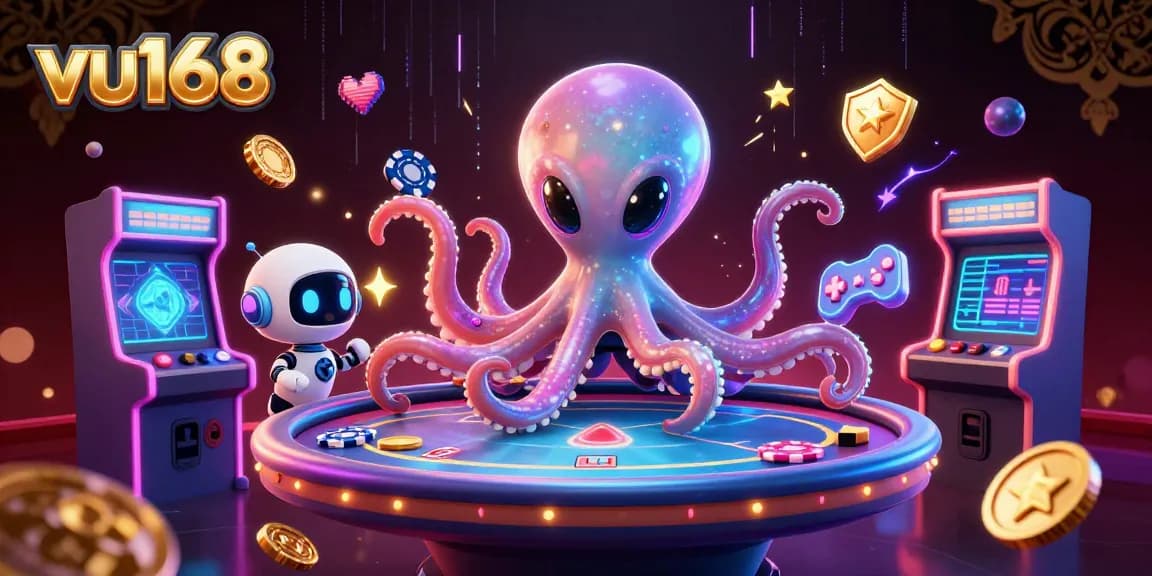 Engage with thrilling gaming at vu168 featuring alien octopus in a vibrant casino galaxy.