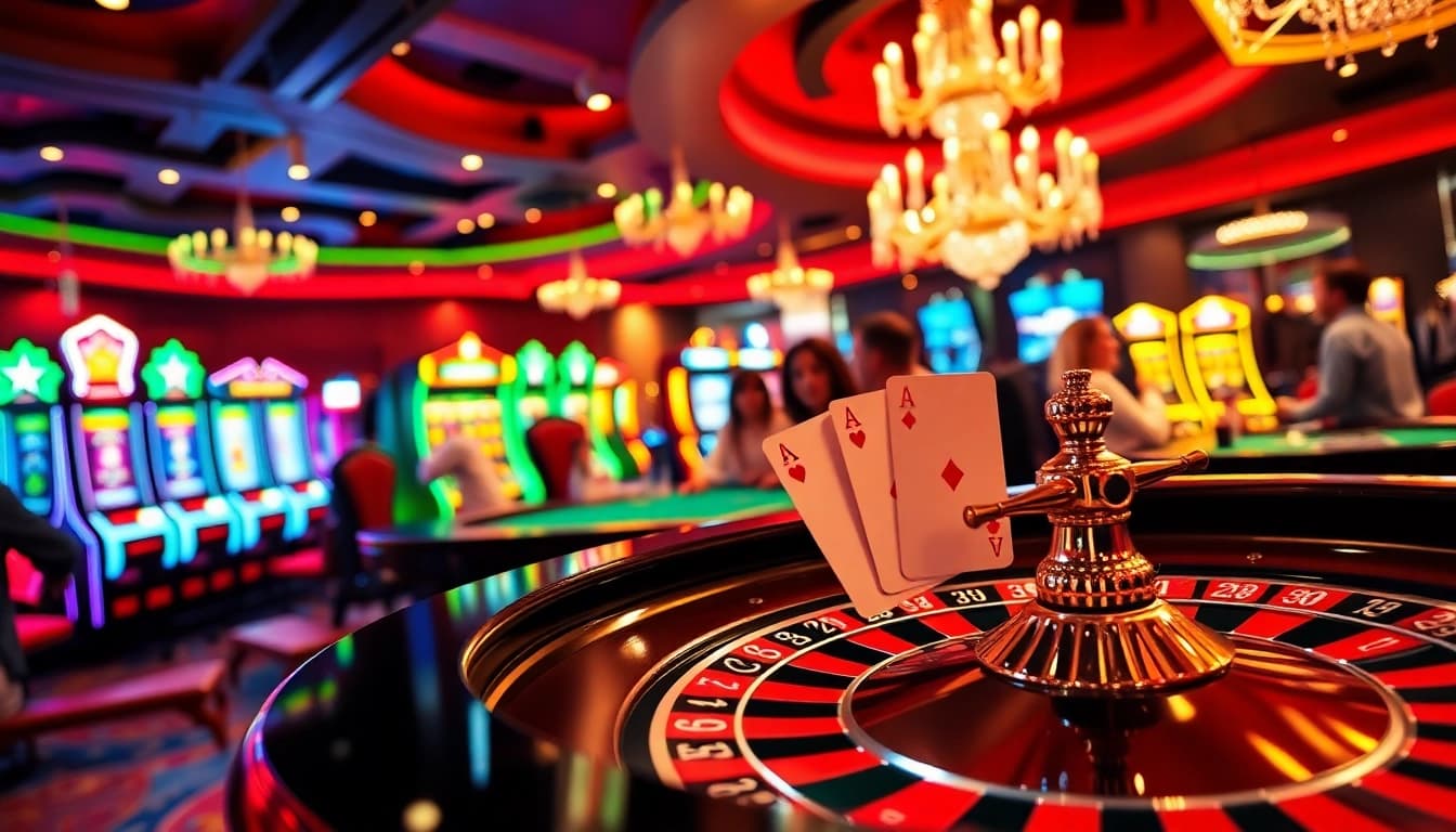 Exciting casino action on https://fb88.style/ with players engaged at a roulette table and colorful slot machines.