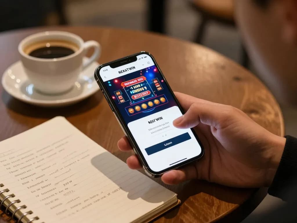Nekatwin login on smartphone showcasing exciting casino games in a cozy cafe environment