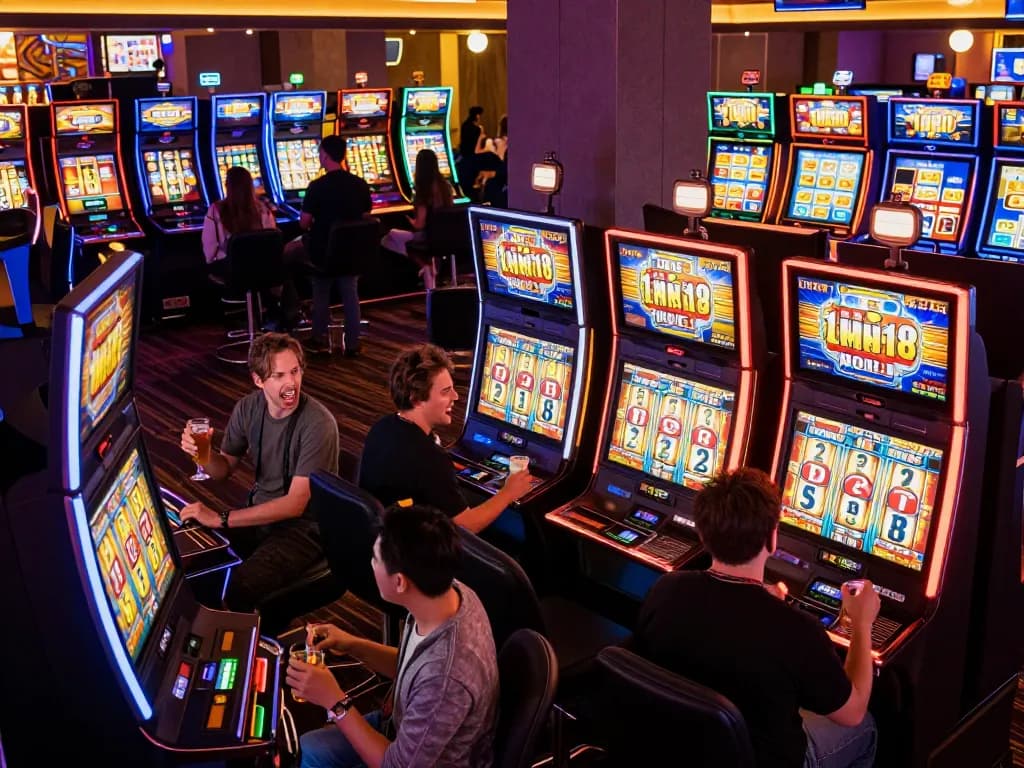 Players enjoying a thrilling moment at the slot machines, capturing the excitement of gambling m110 with bright visuals.