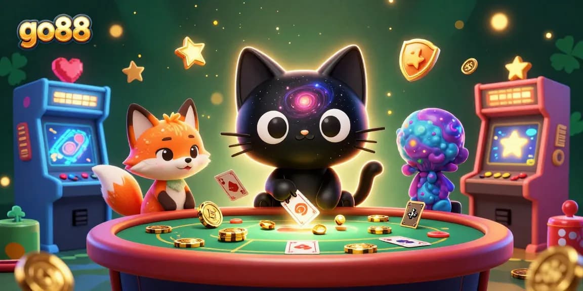 Engage with go88 as a cosmic cat draws in golden chips at a stellar casino table.