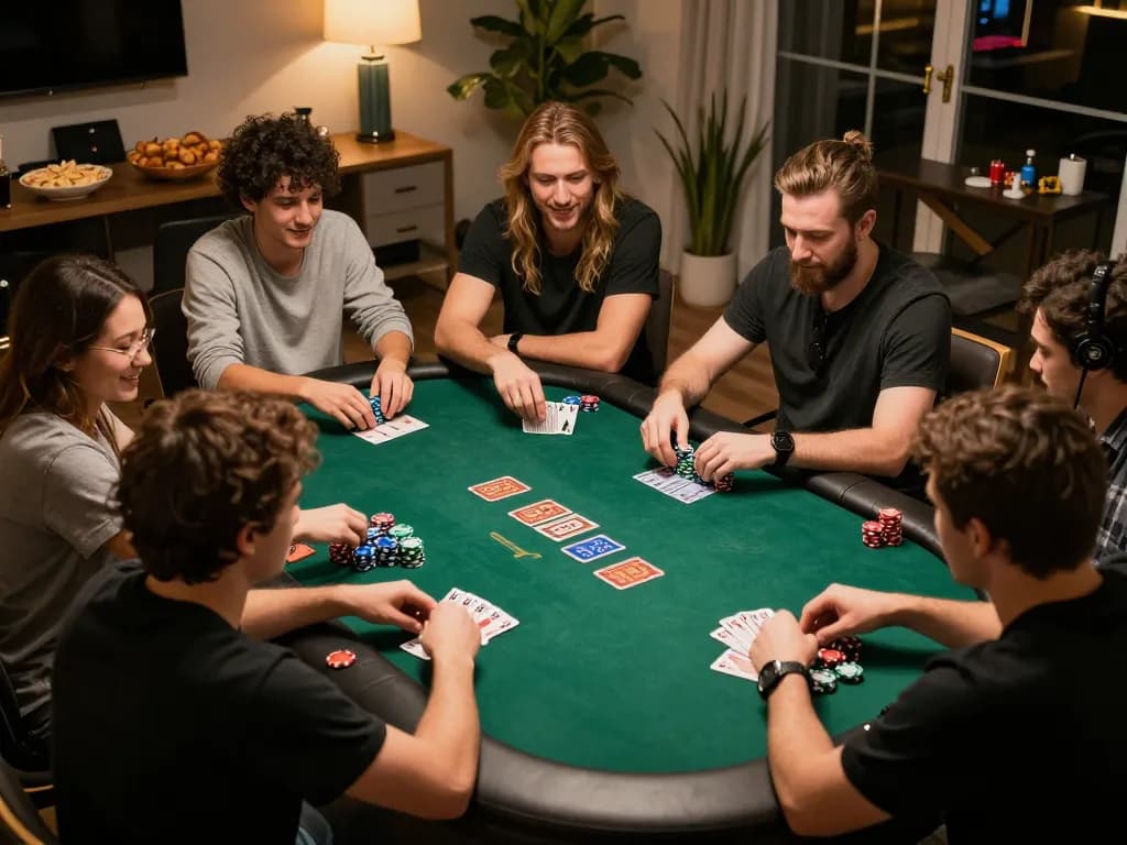 F8BET players enjoying a friendly poker game at home, vibrant cards and chips creating a lively atmosphere