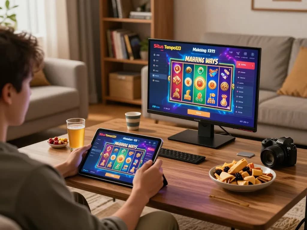 Situs Tempo123 player enjoying Mahjong Ways slots on tablet in cozy home setting.