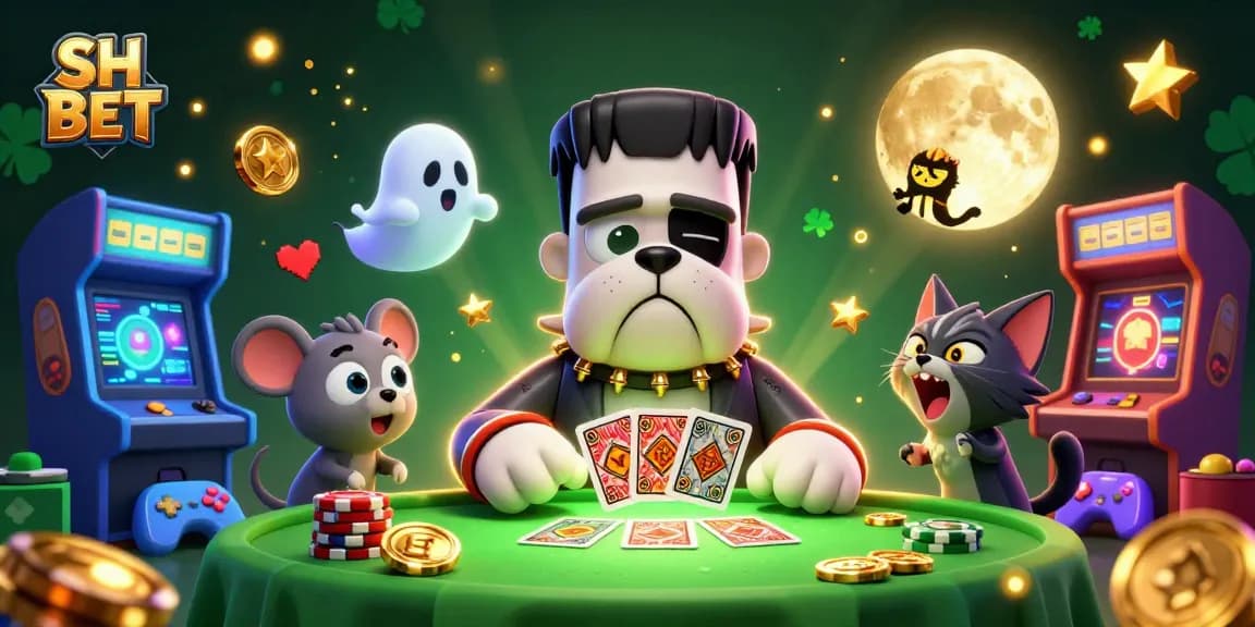 Engage in thrilling SH BET gaming action with vibrant characters amidst a spooky casino setting.