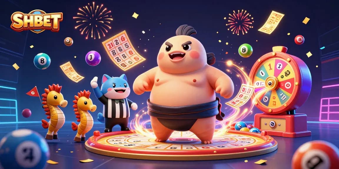 SHBET showcases a vibrant scene of casino joy with a 3D fugu and classic game elements.