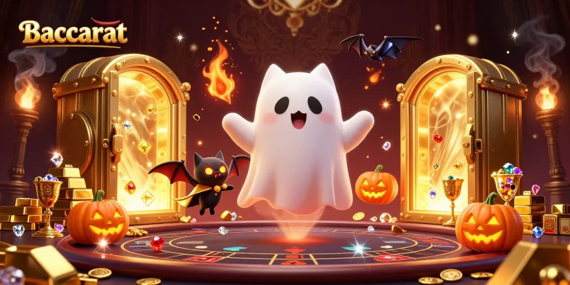 Baccarat scene featuring a ghost cat and a vampire bat in a haunted casino, surrounded by treasures.