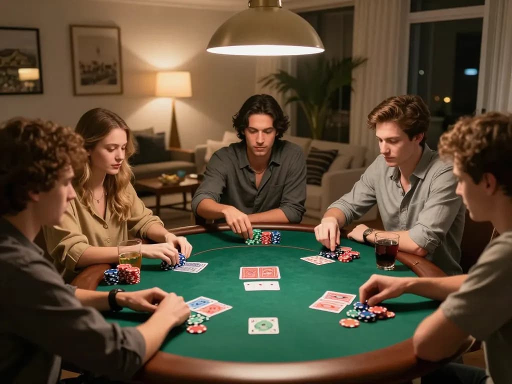 Friends enjoy a thrilling poker game at home, showcasing strategy and excitement in the ambiance of tonysitaliancuisine.