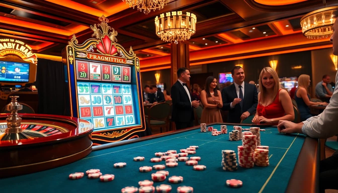Engaging scene of players at a slot machine from PragmaticPlay, showcasing casino excitement and luxury.