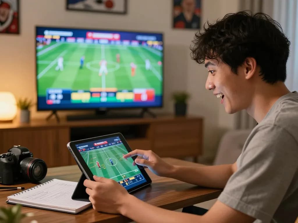 Engaged sports bettor using rr88 platform on tablet in a modern home setting, surrounded by sports memorabilia.