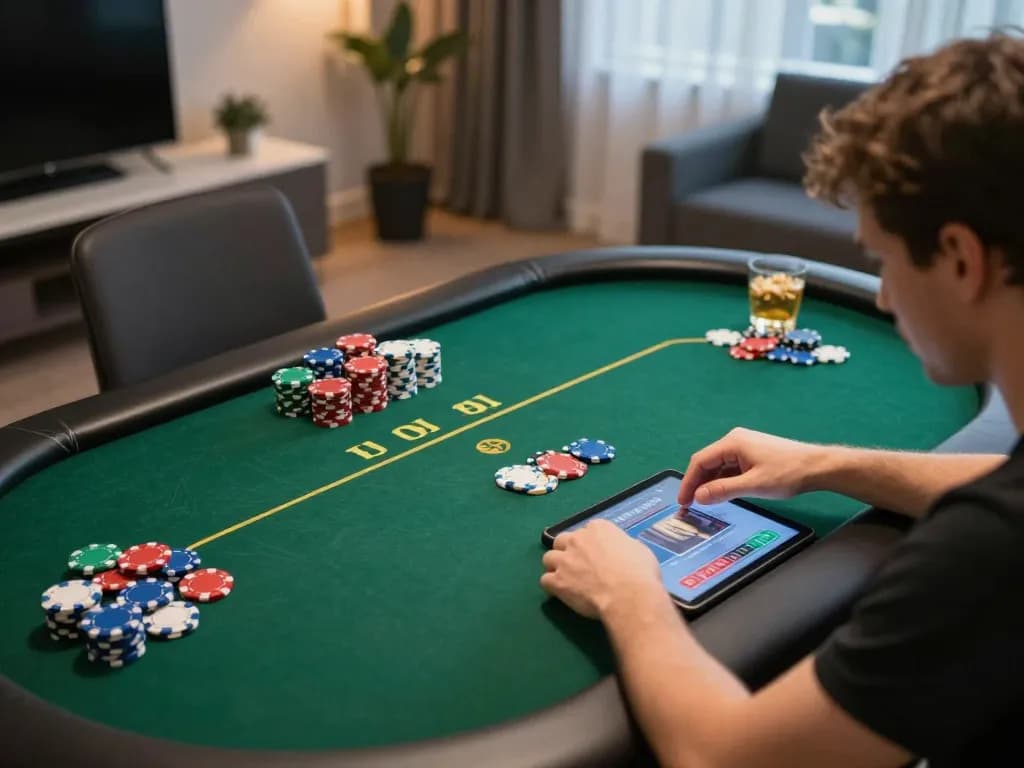 Engaging online poker session with vin88 on tablet showcasing strategic gameplay and colorful chips.