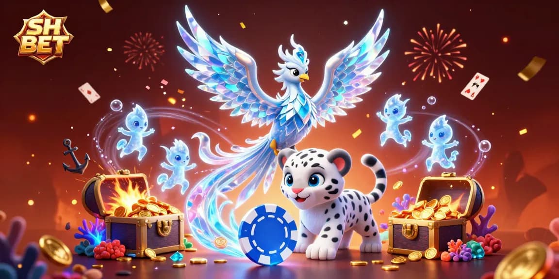 Engage in thrilling gambling action with SH BET, featuring an ice phoenix, poker chip, and vibrant casino elements.