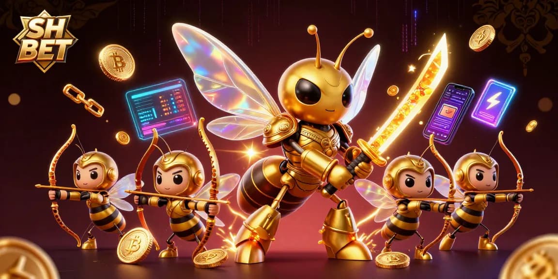 Engage with the vibrant SH BET scene showcasing a golden hornet samurai amidst digital crypto elements.