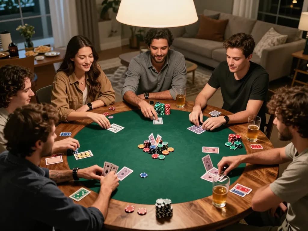 Friends enjoying a competitive poker game at home, showcasing 388bet gameplay atmosphere and excitement.