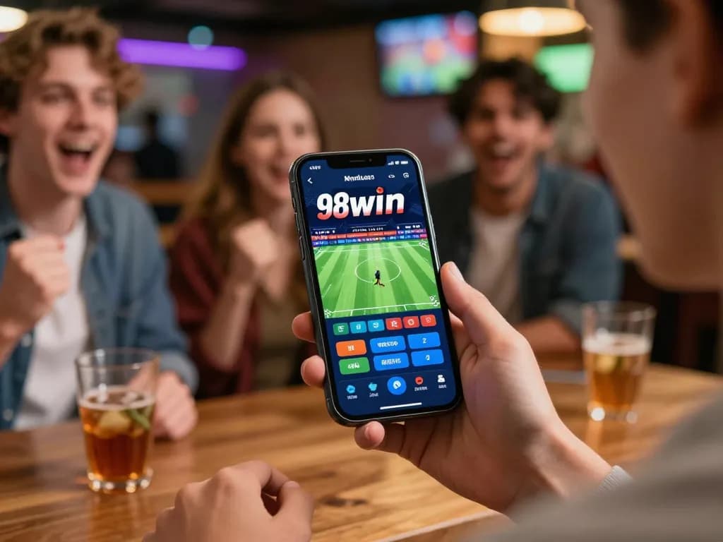 Betting on sports using the 98win app in a lively social setting with friends enjoying the game.