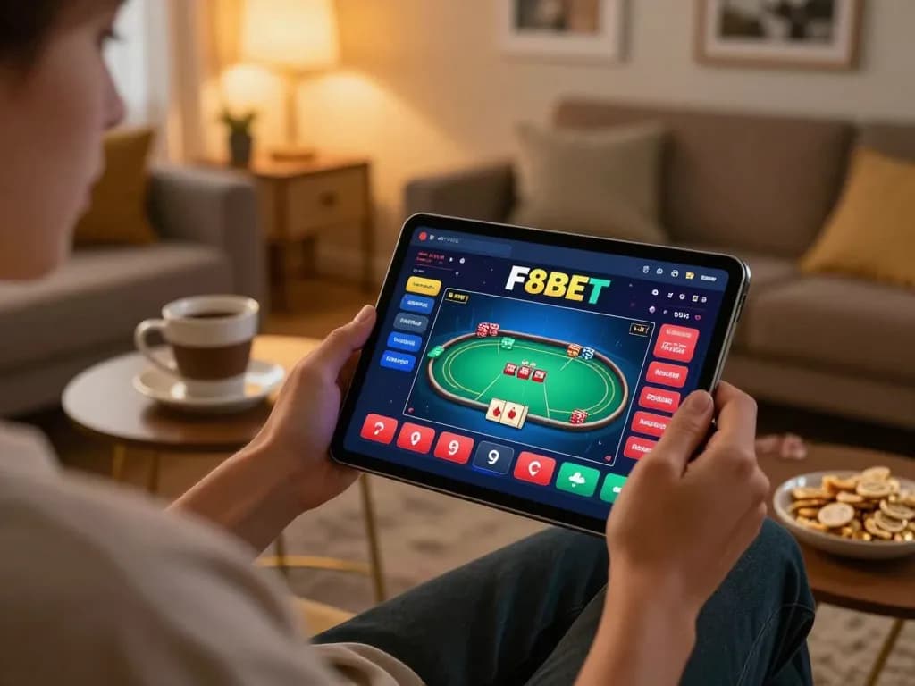Engage with F8BET online poker gameplay on your tablet in a cozy home setting.