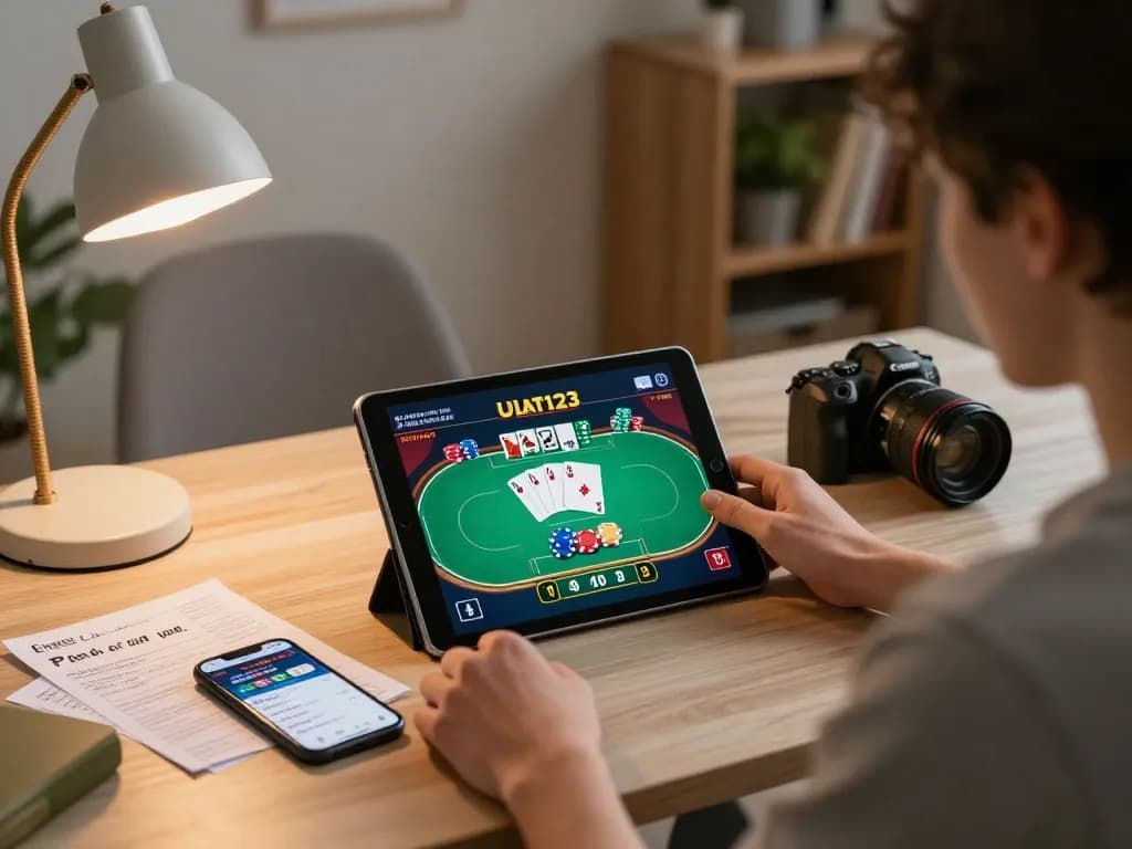 Engaging online poker gameplay on ulat123 app, with strategic notes and cozy home setup.