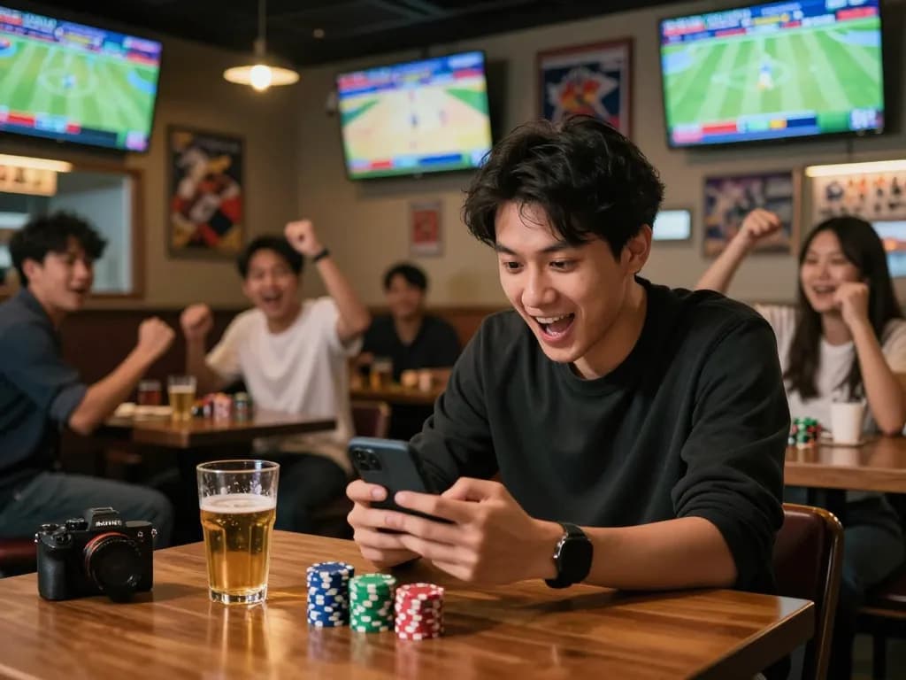 Person excitedly placing bets on Ty le keo nha cai during a lively sports betting scene.