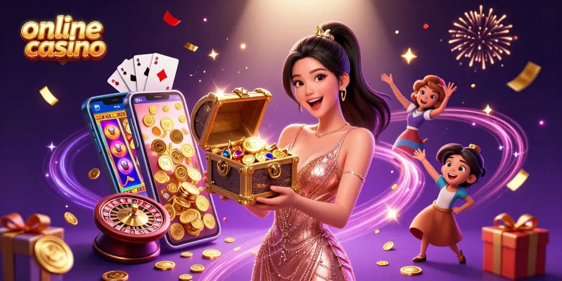 Experience the excitement of the online casino with a joyful woman presenting a treasure chest overflowing with riches.