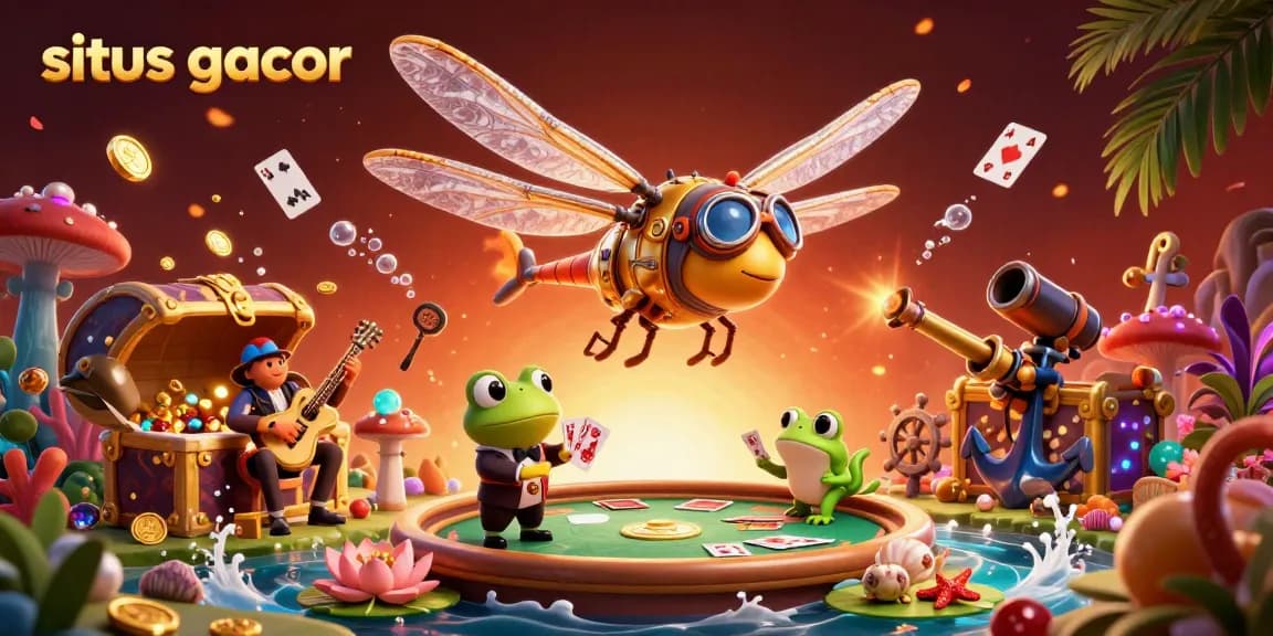 Experience situs gacor's vibrant casino world with a jazz-playing frog dealer and dragonfly pilot.