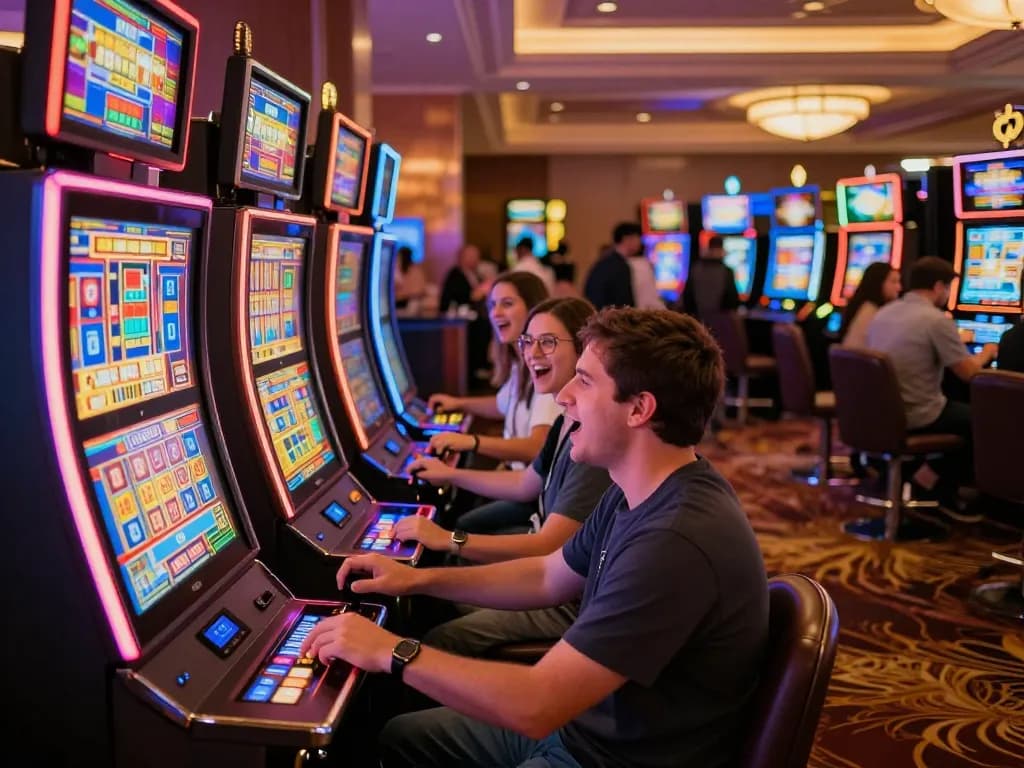 Players engaging with vibrant slot machines in a lively casino atmosphere enjoying Go 88