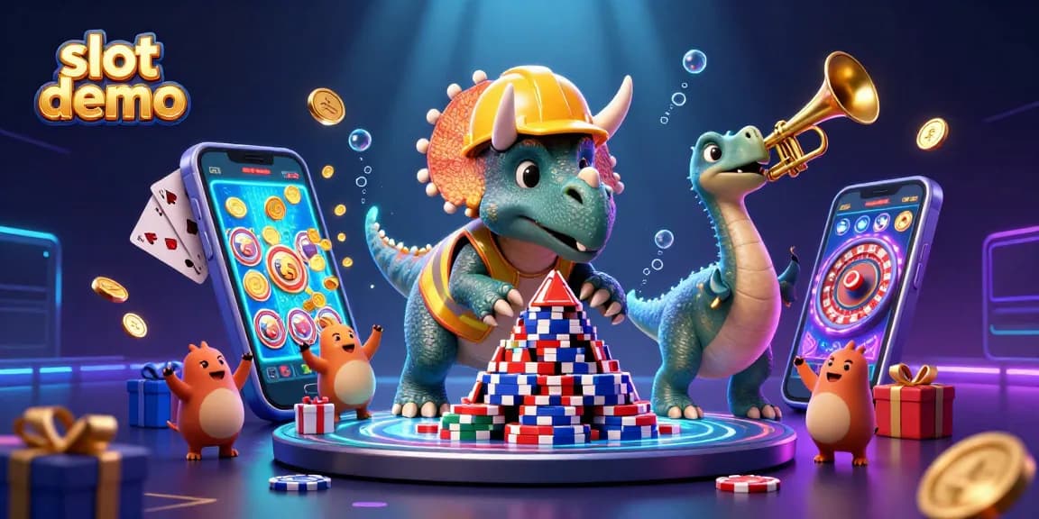 Mainkan slot demo dengan triceratops membangun tumpukan chip poker dan perayaan putaran slot berwarna-warni.